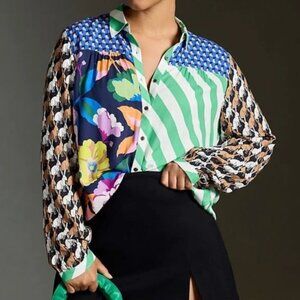 NWT Anthropologie X Maeve The Paz Mixed Print Button Down Shirt Bunnies Size L